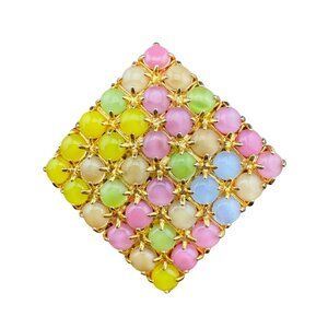 Vintage Gold-Tone Pastel Rhinestone Glass Tile Brooch Pin Multicolor Geometric D